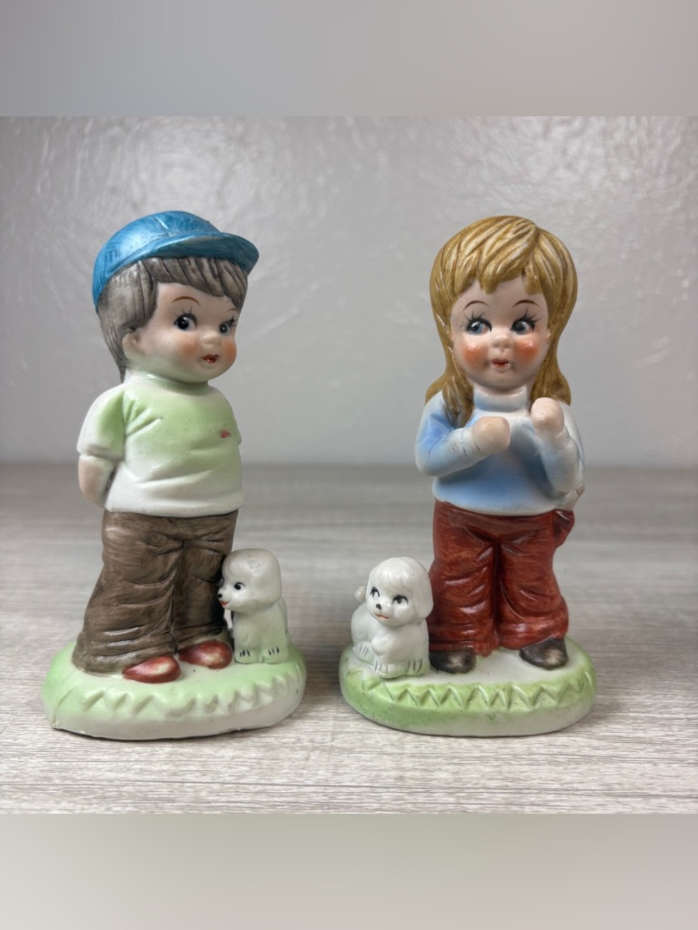 Vintage Homco Boy And Girl  Porcelain Figurines Set Of Two, Dogs Baseball Cap